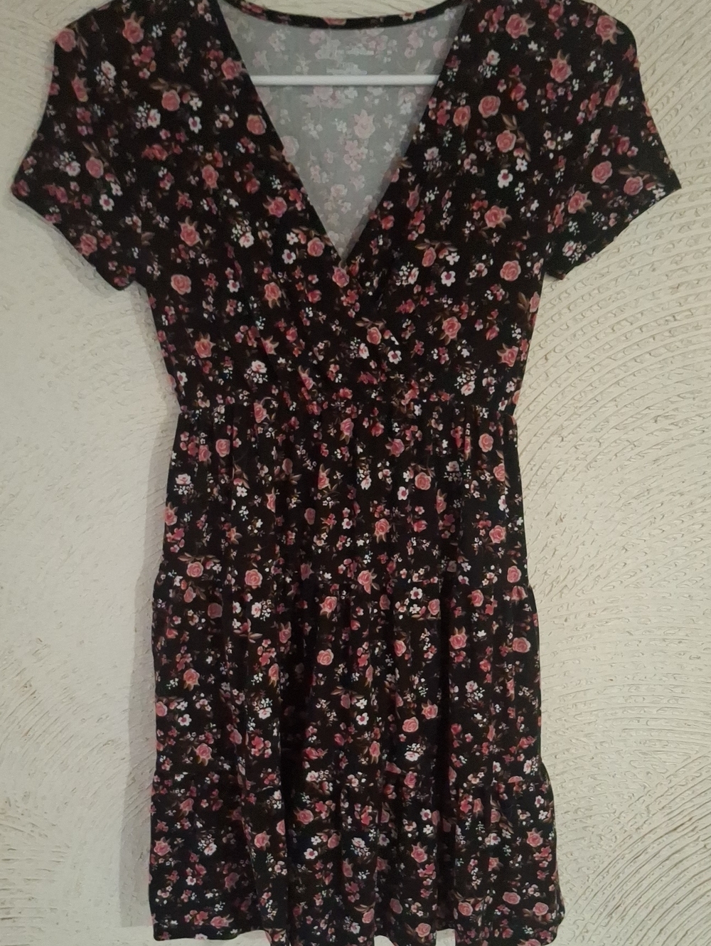 Floral Black & Pink Short Sleeve Wrap Dress